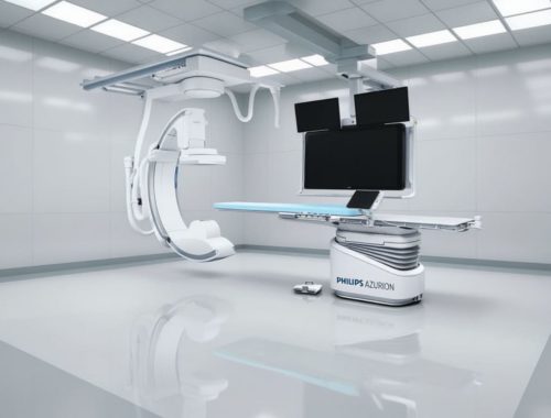 Современная ангиографическая система Philips Azurion в рентгеноперационной с C-образным штативом и монитором визуализации