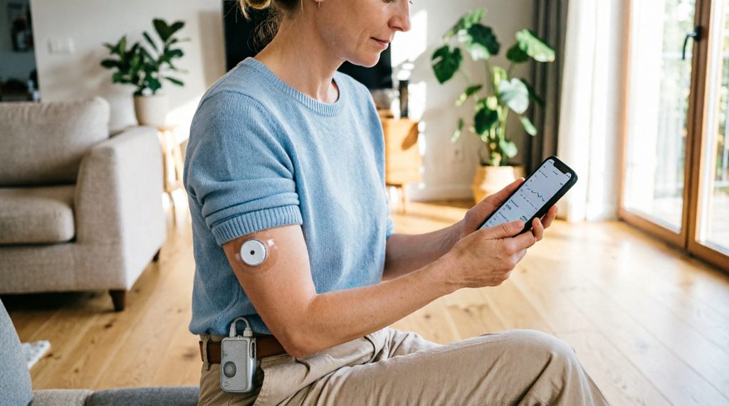 Пациентка с инсулиновой помпой Medtronic MiniMed и системой непрерывного мониторинга глюкозы проверяет данные на смартфоне