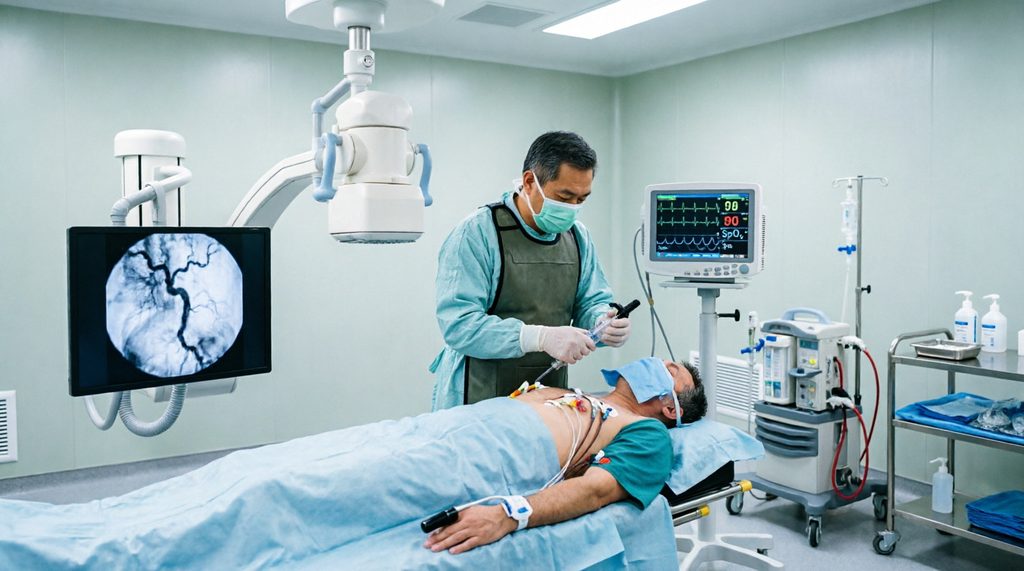 Коронарография при STEMI: экстренное стентирование окклюзированной коронарной артерии в ангиографической операционной