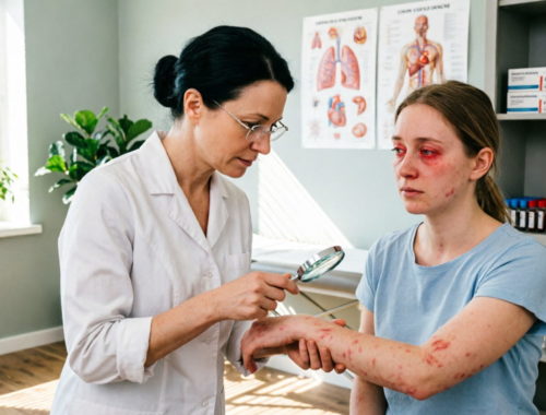 Аллерголог: врач осматривает кожную сыпь у пациентки с покрасневшими глазами в кабинете аллергологии