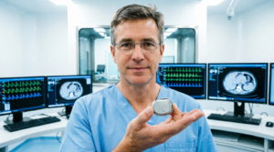 Кардиолог демонстрирует пациенту миниатюрный leadless-кардиостимулятор Medtronic Micra размером с капсулу