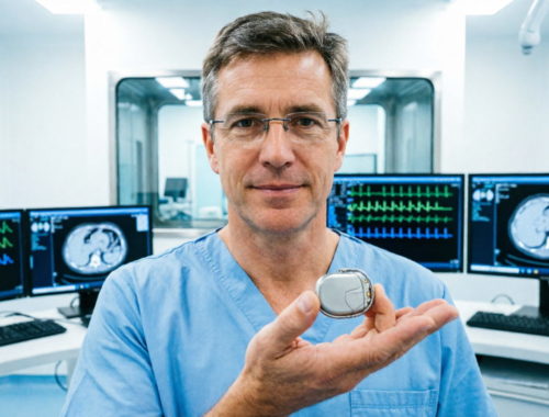 Кардиолог демонстрирует пациенту миниатюрный leadless-кардиостимулятор Medtronic Micra размером с капсулу